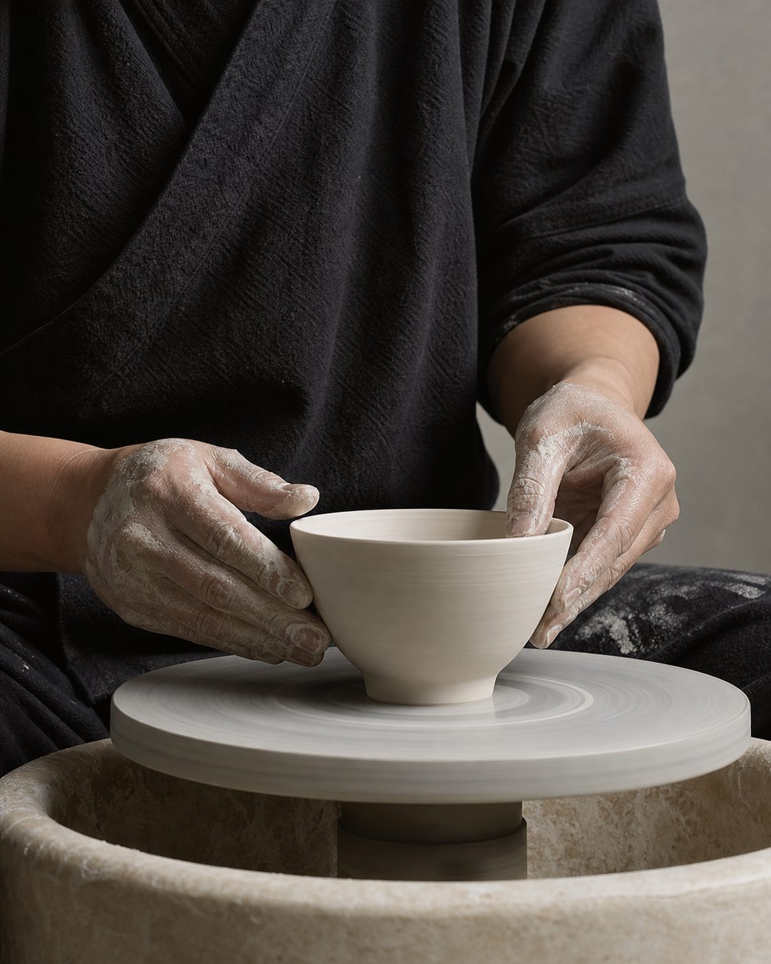Editorial view of hands shaping a porcelain bowl in a Jingdezhen workshop